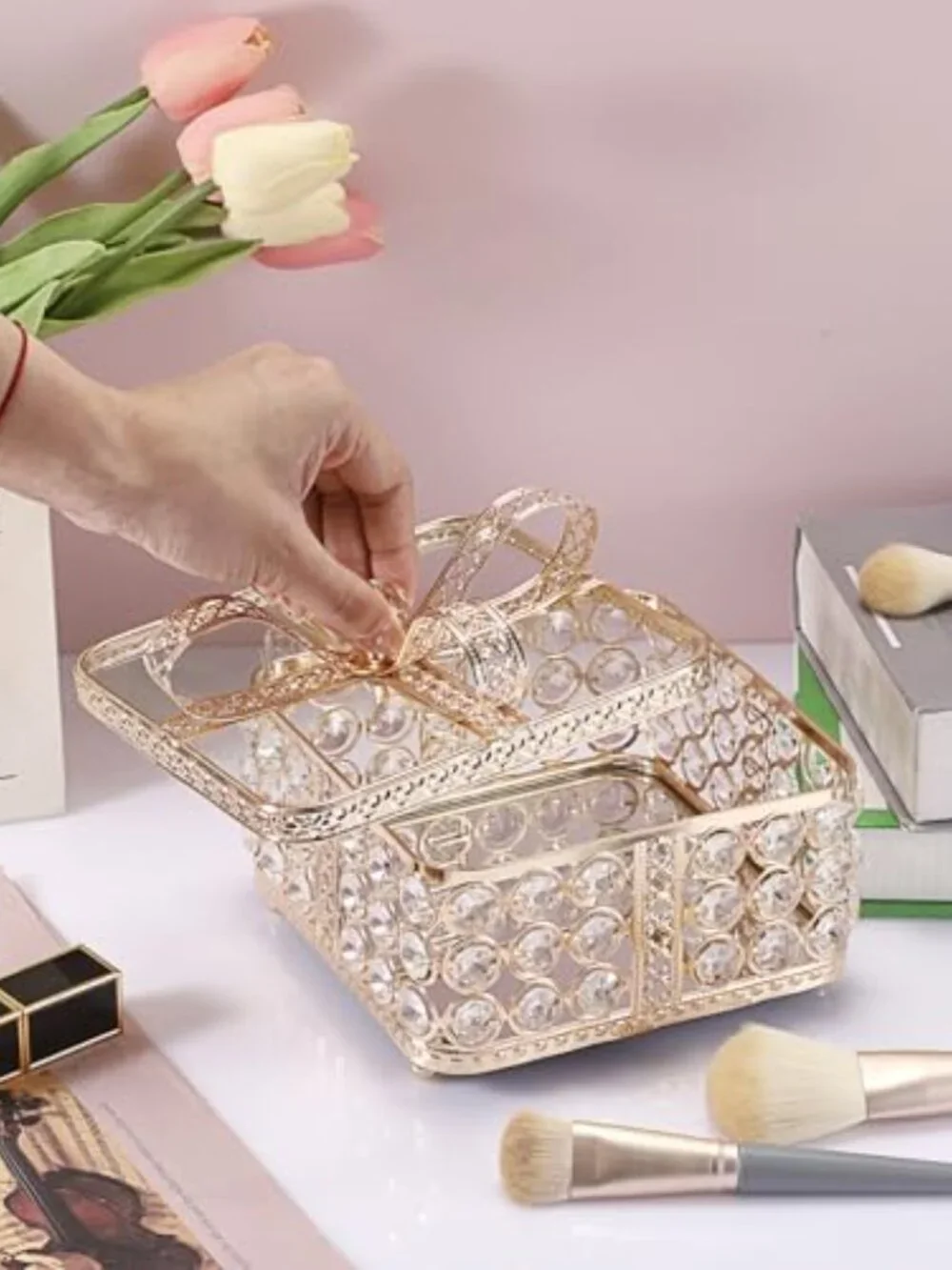 Crystal Mirrored Jewelry Box Gold Treasure Box Bow-knot Keepsake | Jewelry Trink